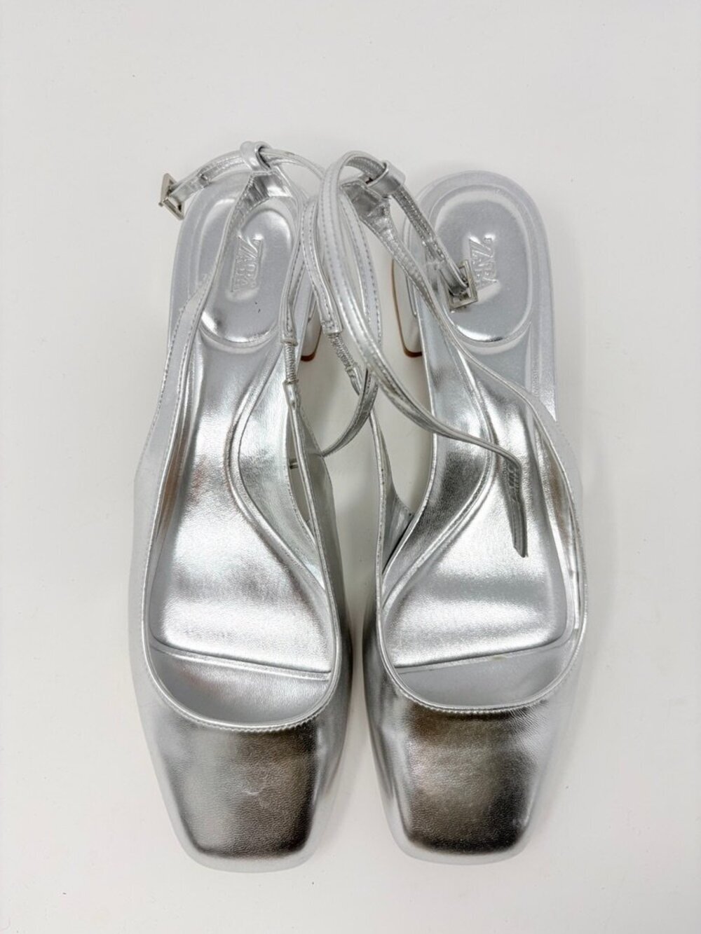 Zara Block Heel Ballerina Square Toe Slingback Heels Silver Size 40/9-9.5 - Picture 11 of 16